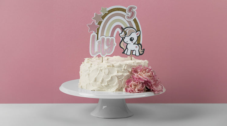 Personalised birthday cake topper with a boho rainbow and unicorn