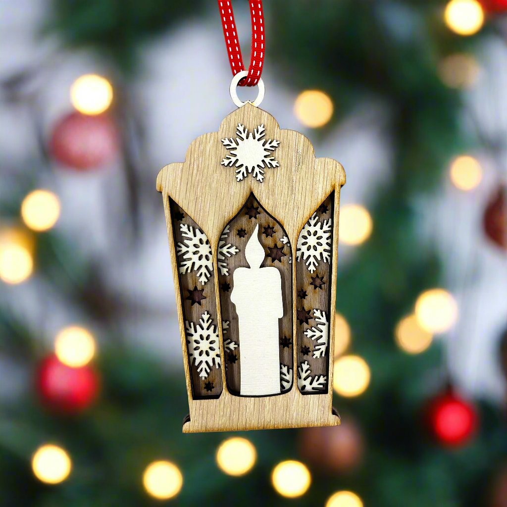 Lantern shaped Christmas Tree Decoration with a candle design.