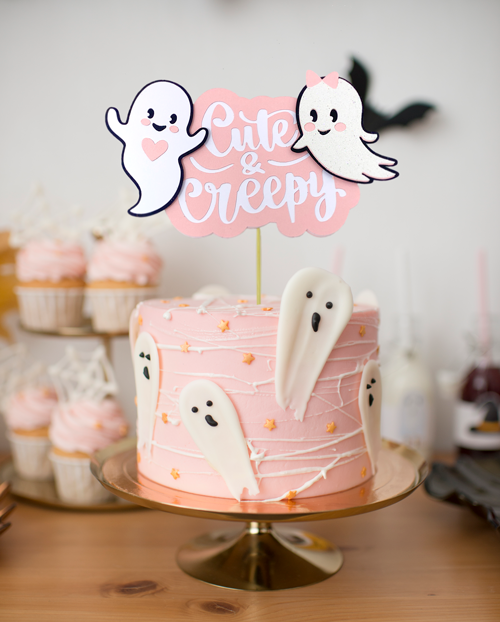 Pink, white and black Halloween cake topper with cute ghosts