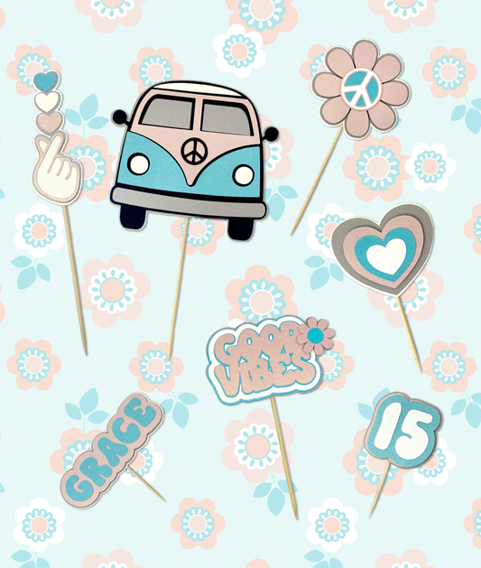 Retro vibes preppy style non edible cake toppers in pink and turquoise with campervan and peace flower