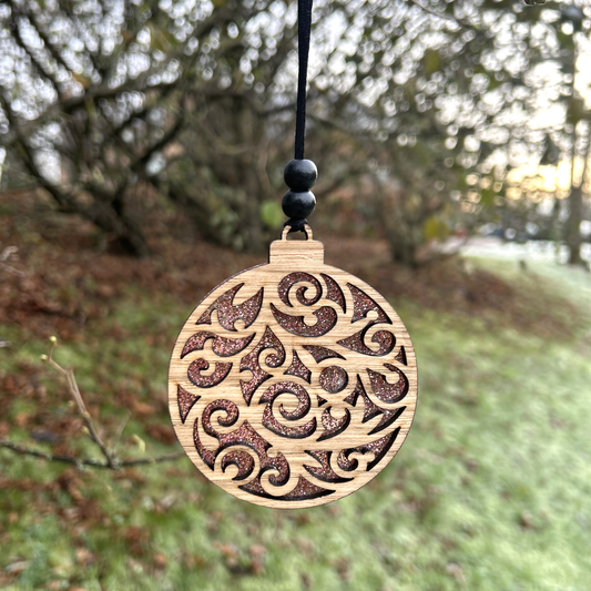 Swirly 2 layer Christmas ornament in Oak and rose gold glitter